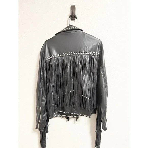 Nasty Gal Black Faux Leather Studded‎ Fringe Moto Jacket Asymmetric Zip Size 10 - Picture 2 of 5